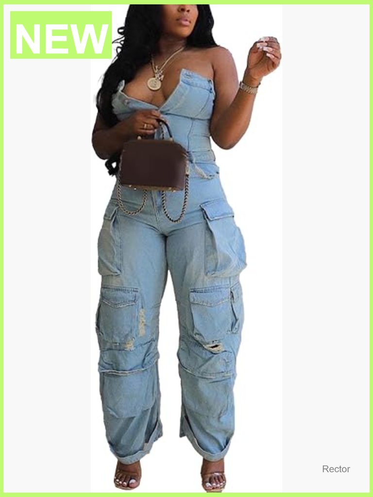 Womens Denim Cargo Jumpsuit Strapless Wide Leg Romper With Pockets